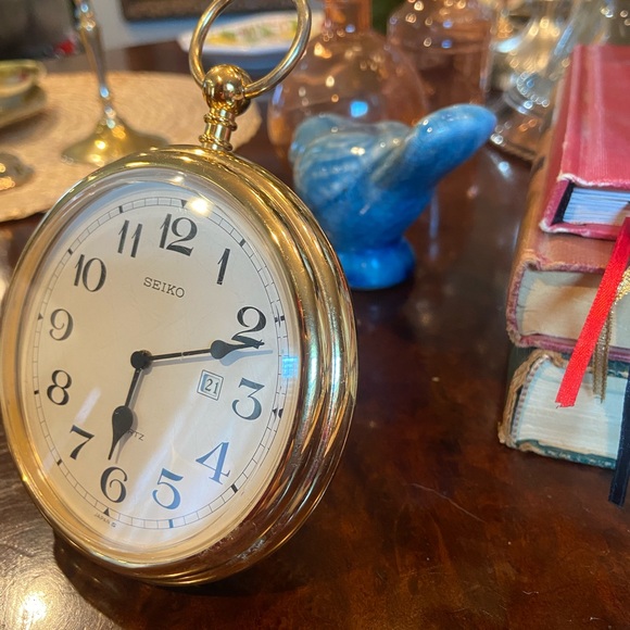 Gold Desk Clock Pocket Watch Style Seiko Japan Vintage Alarm Clock - Picture 3 of 10
